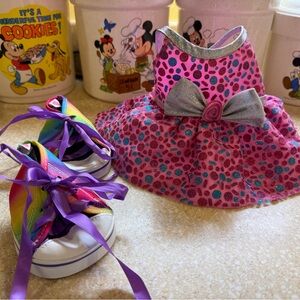 Build-A-Bear Outfit Pink Blue Silver Party Dress with Rainbow Shoes sneakers